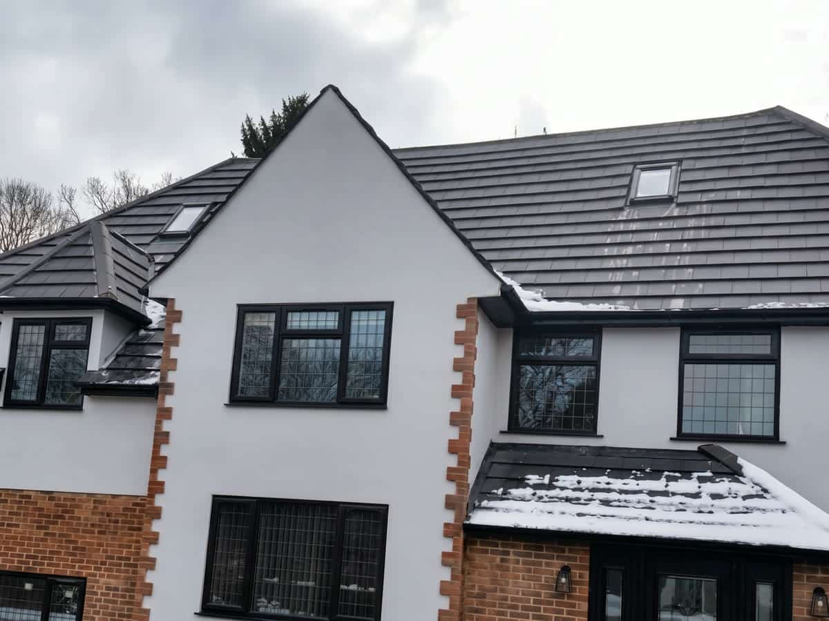 A detached house with a newly finished roof and rendered elevation, photographed with snow on the ground