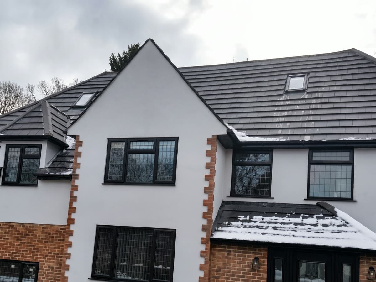 The exterior of a large detached house with a newly tiled dark grey roof, white render, red brick quoin detailing and black window frames, with snow on the ground